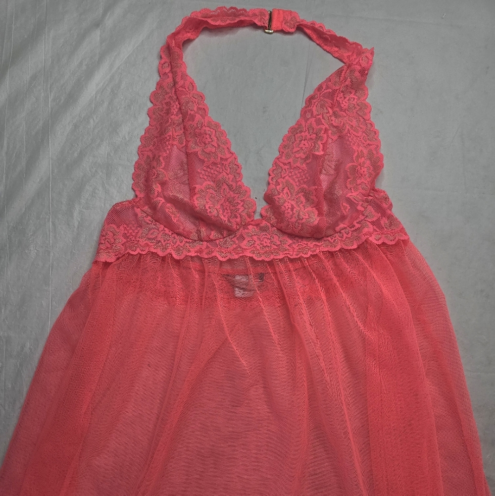 Victoria's Secret Halter Camisole Neon Pink Babydoll Lace Taffeta Y2K Coquette M